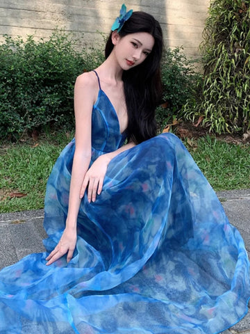 A line Spaghetti Straps Blue Floral Backless Holiday Beach Dress Women's Long Vacation Dresses SD1155